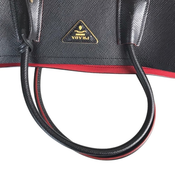 Prada Double Tote Bag Leather Shoulder Bag Black Red - Picture 14 of 16